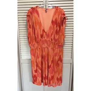 Old Navy Orange Abstract V Neck Tie/Gathered Cap Sl Lined Smocked‎ Waist Sz XXL